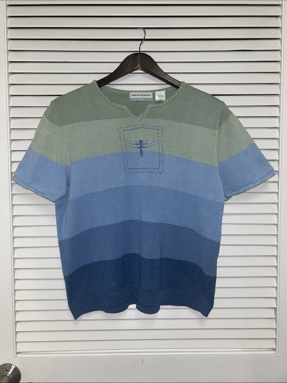 Alfred Dunner Green and Blue Gradient Dragonfly Knit Short Sleeve Sweater